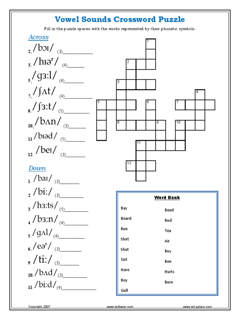 Vowel Sounds Crossword Puzzle Across PDF