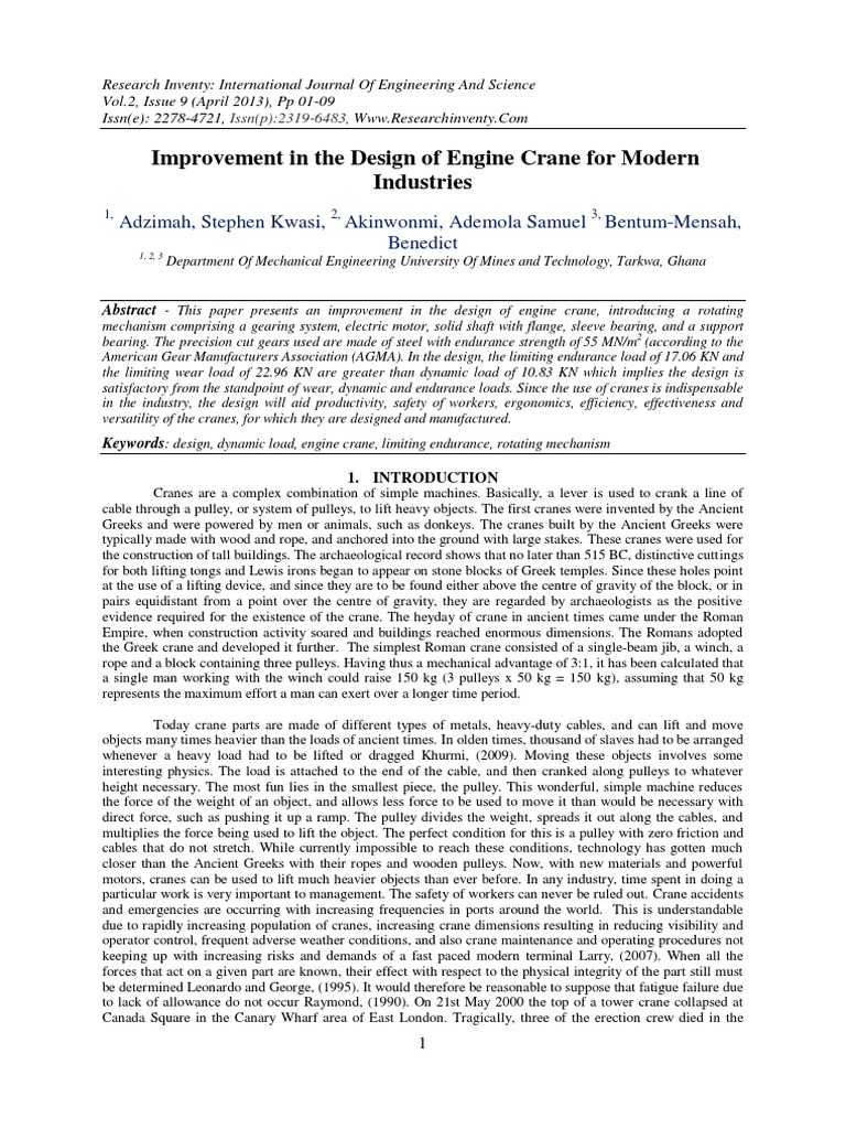 Improving Engine Crane Design | PDF | Crane (Machine) | Gear