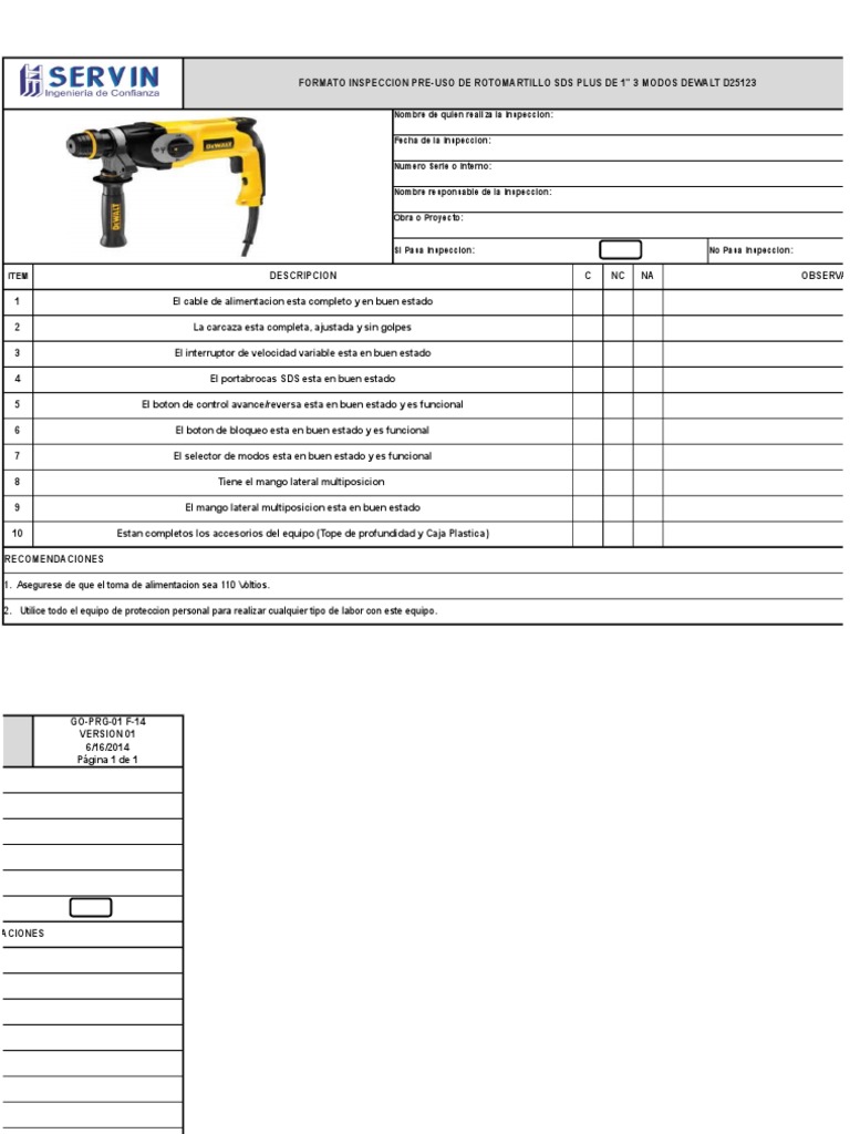 Formato Inspeccion Pre-Uso RotoMartillo DeWalt D25123