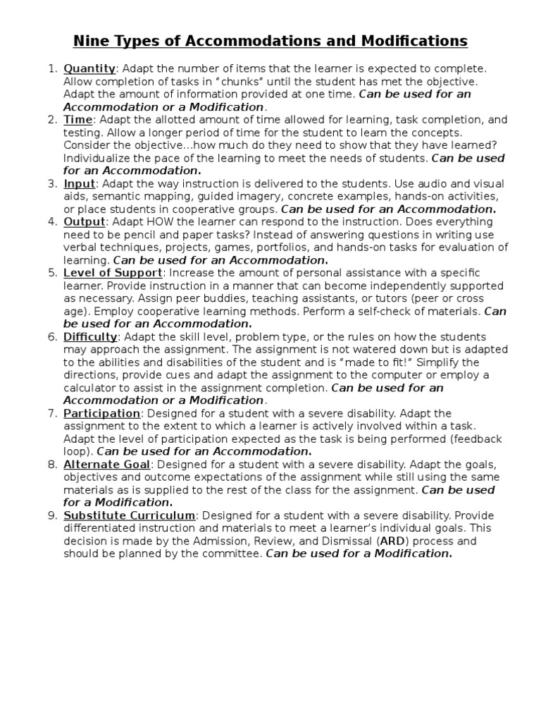 Types of Accommodations & Modifications | PDF | Differentiated ...