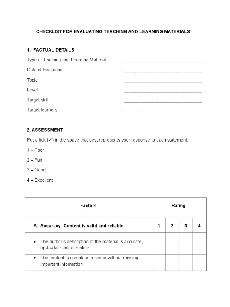 Checklist For Evaluating Teaching and Learning Materials PDF