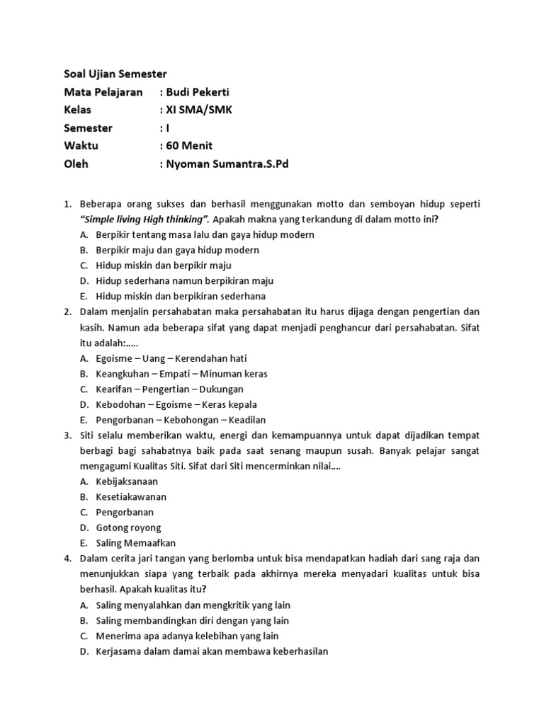 Soal Budi Pekerti Kelas 5 Guru Galeri