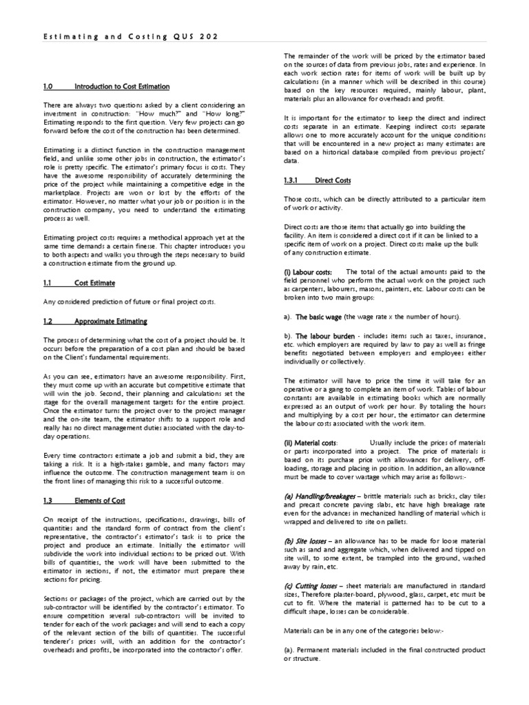 Estimating and Costing in Construction | PDF | Cost | General Contractor