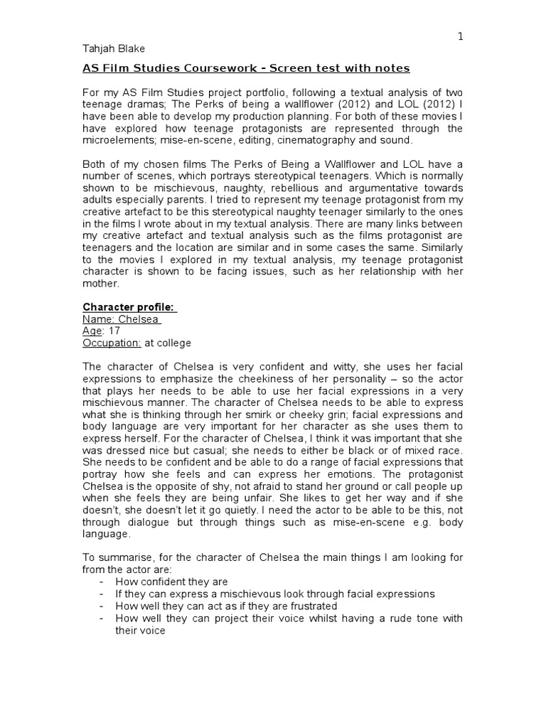 Screen Test Analysis for Chelsea Role | PDF | Actor | Leisure