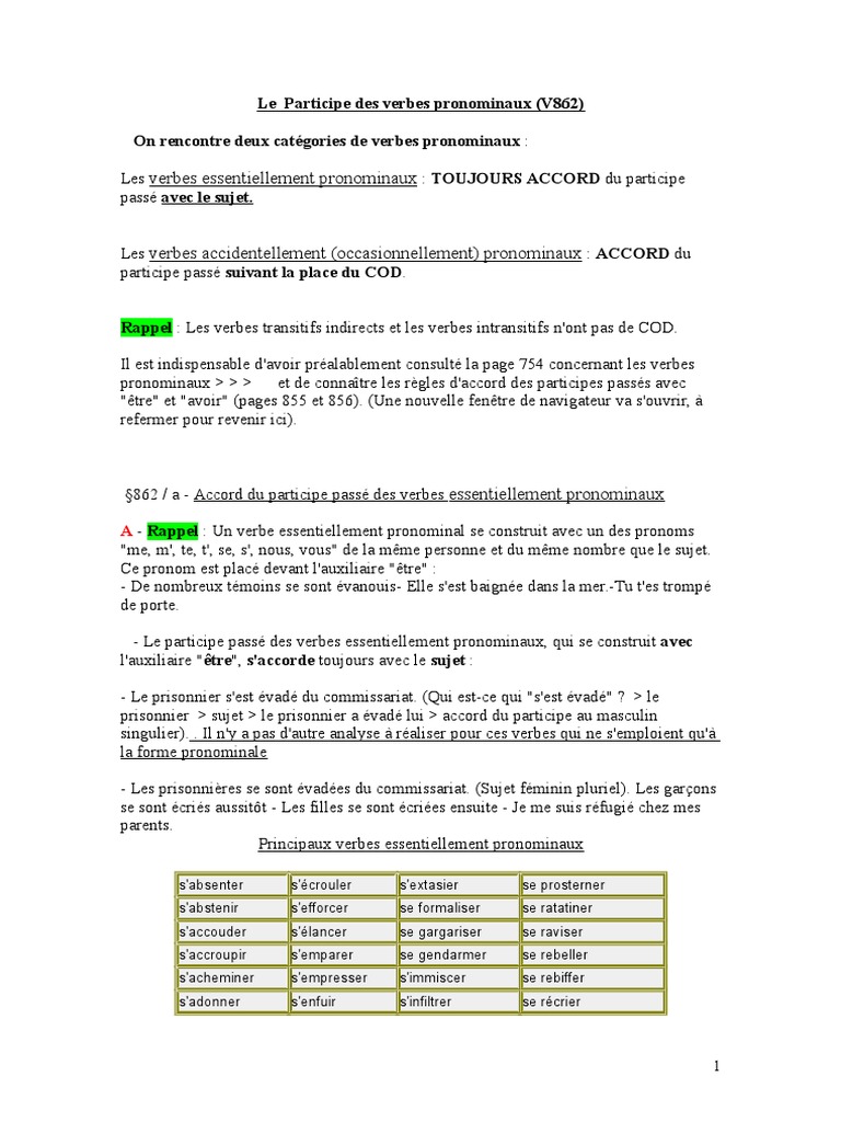 Verbes Pronominaux Pdf Sujet Grammaire Complement D Objet