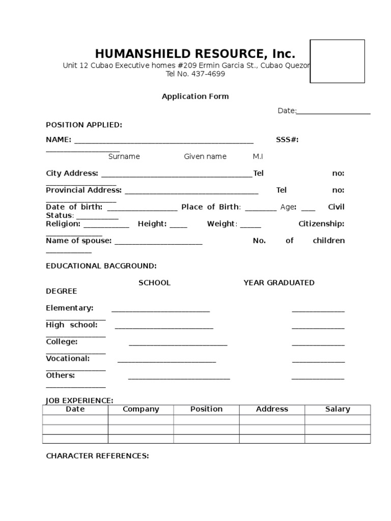 HumanShield Resource Job Application Form | PDF | Career & Growth ...