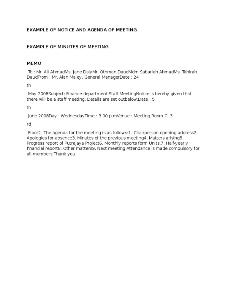 Example Of Notice And Agenda Of Meeting Pdf Board Of Directors Government