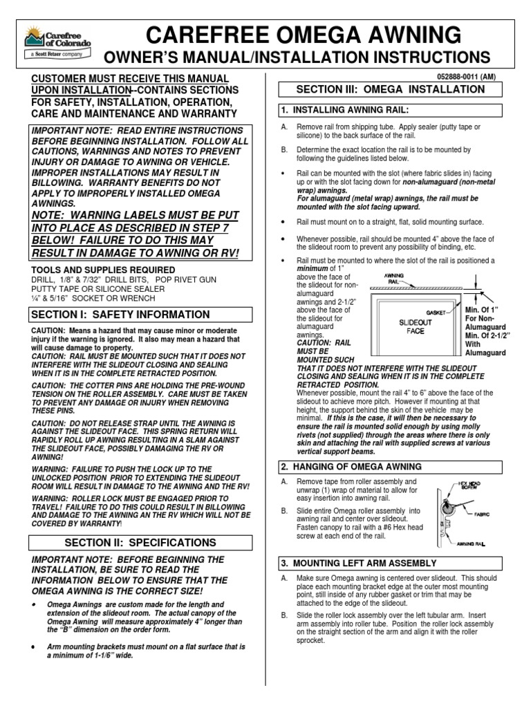 Carefree Omega Awning Owner’s Manual Installation Instructions Rivet