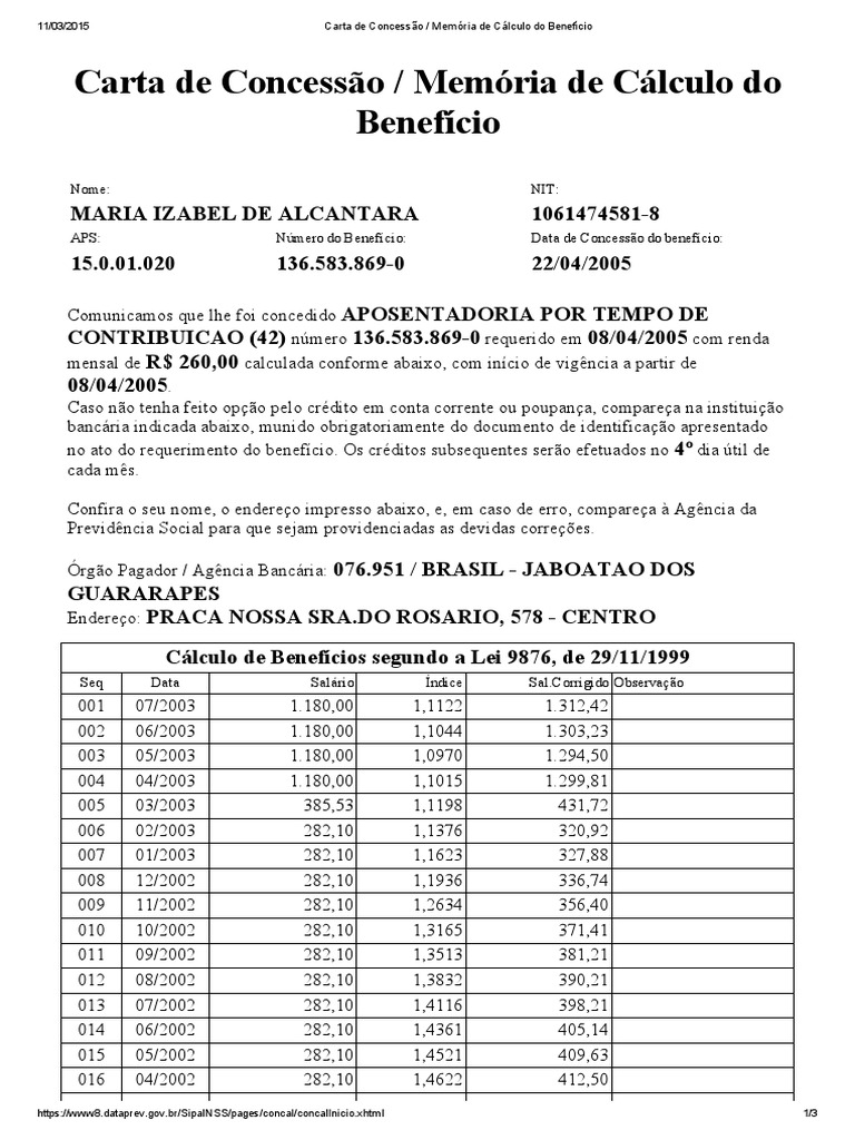 Carta de Concessão _ Memória de Cálculo Do Benefício MARIA 
