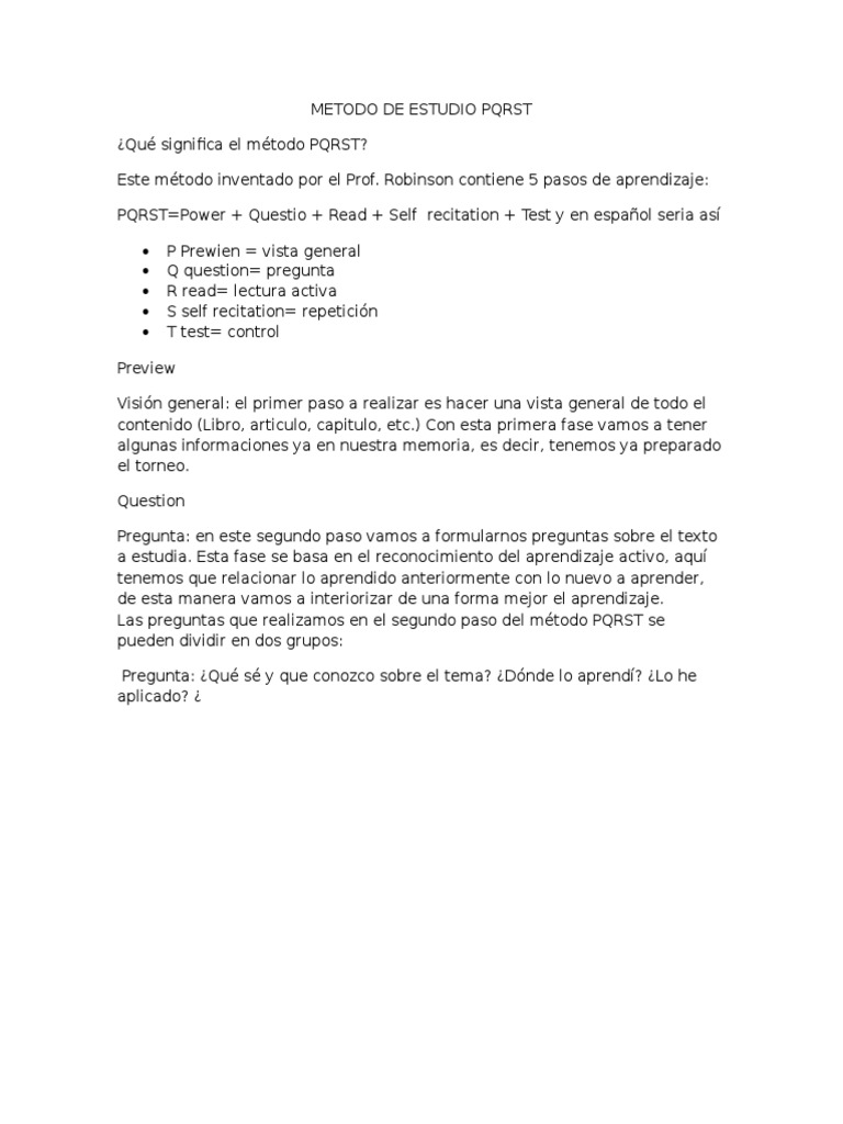 Metodo de Estudio PQRST | PDF | Relaciones personales, crianza y ...