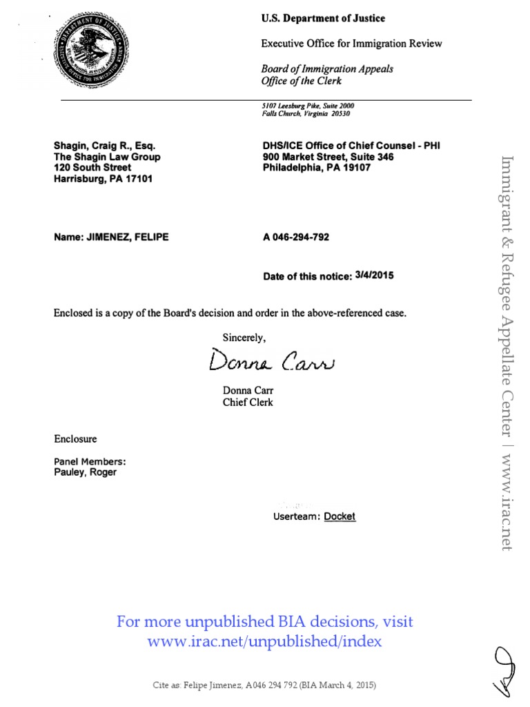 Felipe Jimenez, A046 294 792 (BIA March 4, 2015) | PDF | Nolo Contendere |  Alford Plea