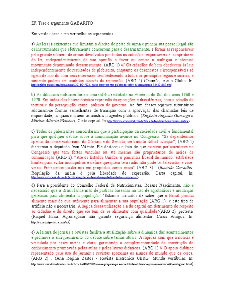 Exercc3adcios Sobre Identificac3a7c3a3o de Tese e Argumentos Gabarito | PDF