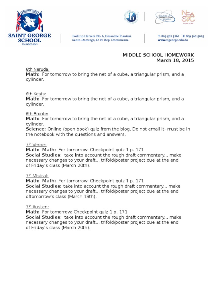 Middle School Homework Assignments | PDF | Teaching Methods & Materials ...