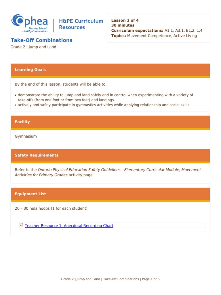 Grade 2 Jump and Land Lesson Plan | PDF | Physical Education | Cognition