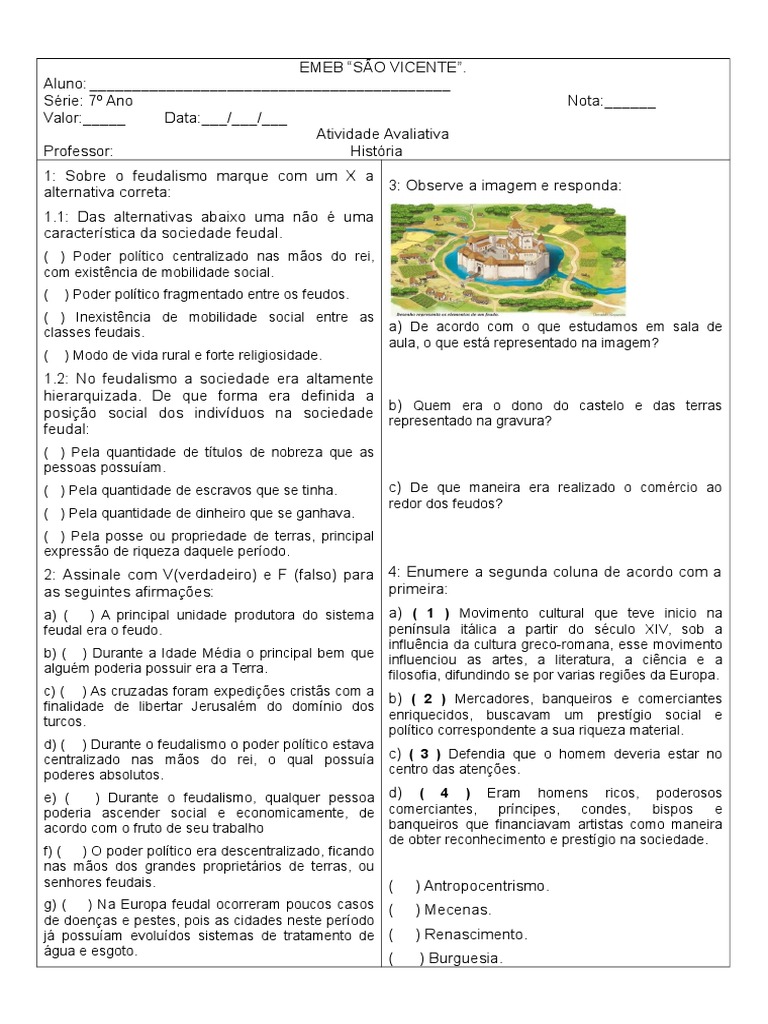 Prova De Historia 7 Ano 1 Bimestre Com Gabarito