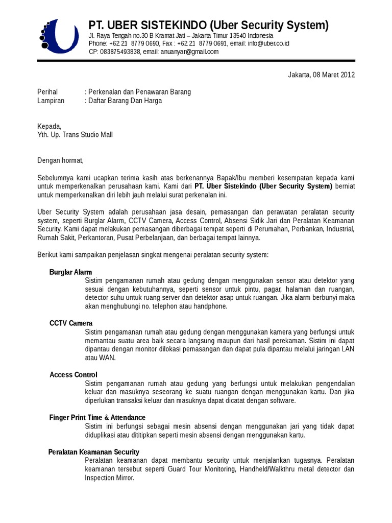 Contoh Surat Penawaran Harga Barang