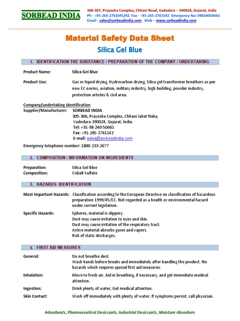 Silica Gel Blue MSDS PDF Silicon Dioxide Personal Protective Equipment
