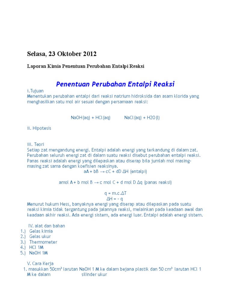 Perubahan Entalpi Reaksi Netralisasi