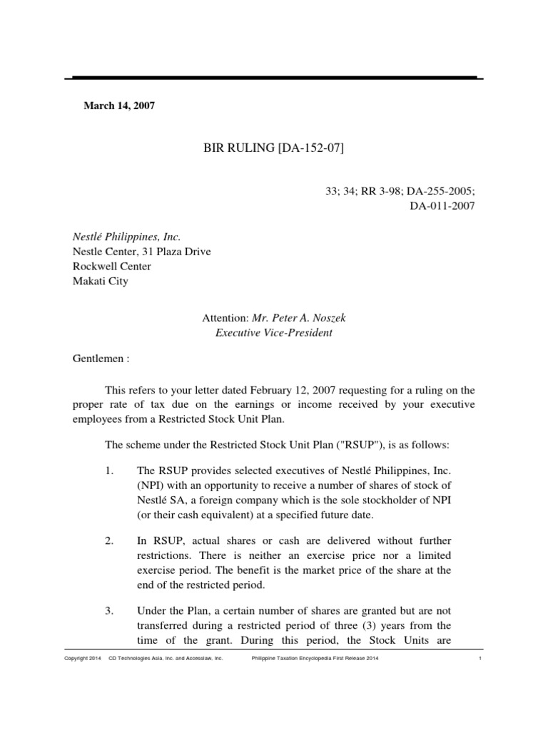 BIR Ruling (DA-152-07) (Restricted Stock Unit Plan) | PDF | Employee ...