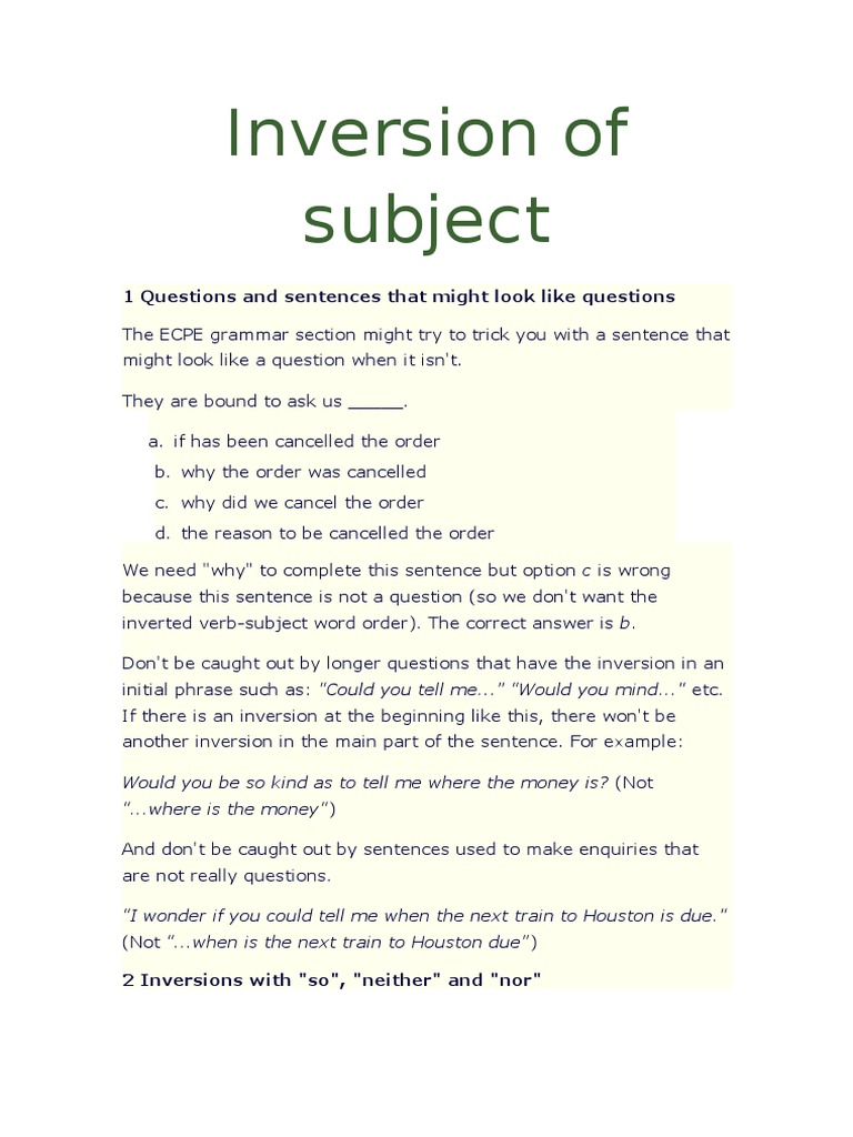 FI - Inversion of Subject | PDF | Perfect (Grammar) | Verb