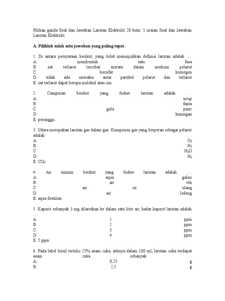 Pilihan Ganda Soal Dan Jawaban Soal Kelas X Larutan Elektrolit 20 Butir