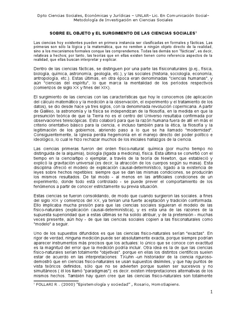 Sobre El Objeto Y El Surgimiento De Las Ciencias Sociales