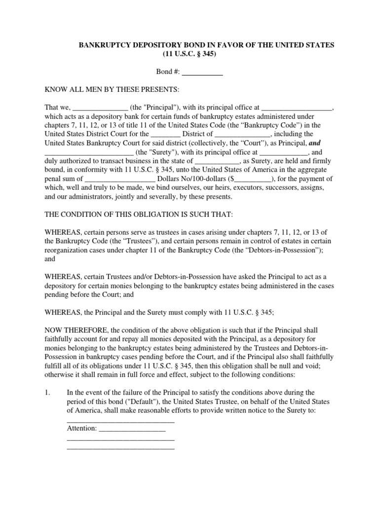 Sample Surety Bond Form (Bankruptcy Depository Bond) Surety Bond