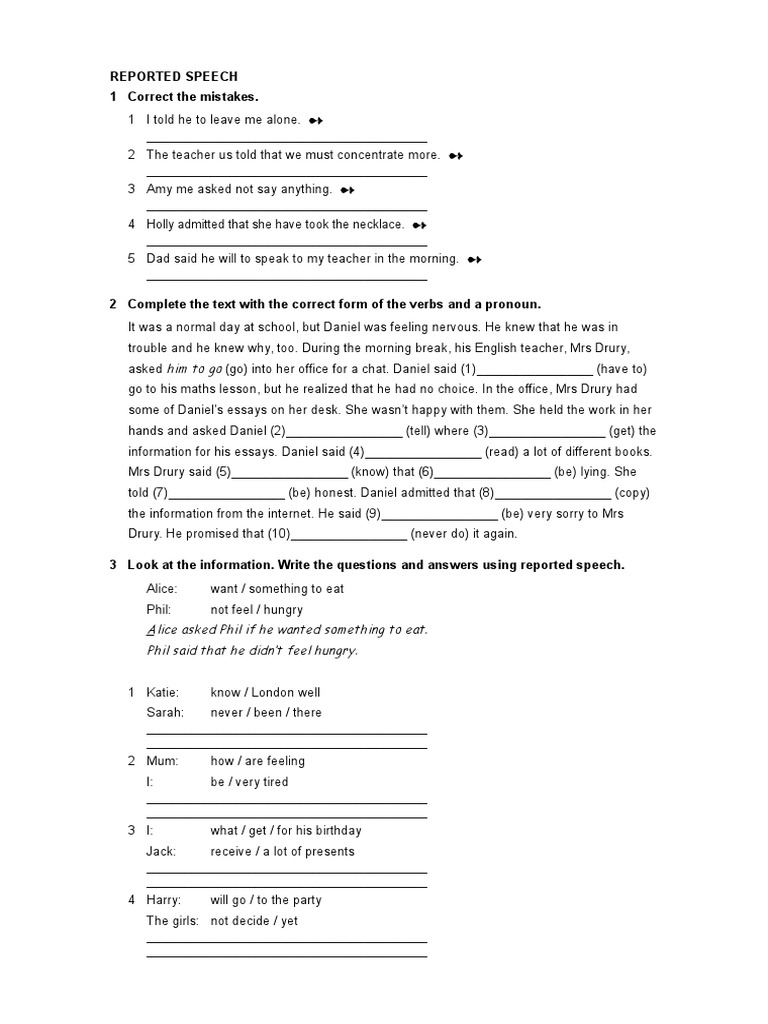 worksheet of reported speech with answers