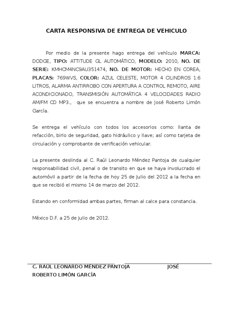 Carta Responsiva de Entrega de Vehiculo Vehículos Transporte privado