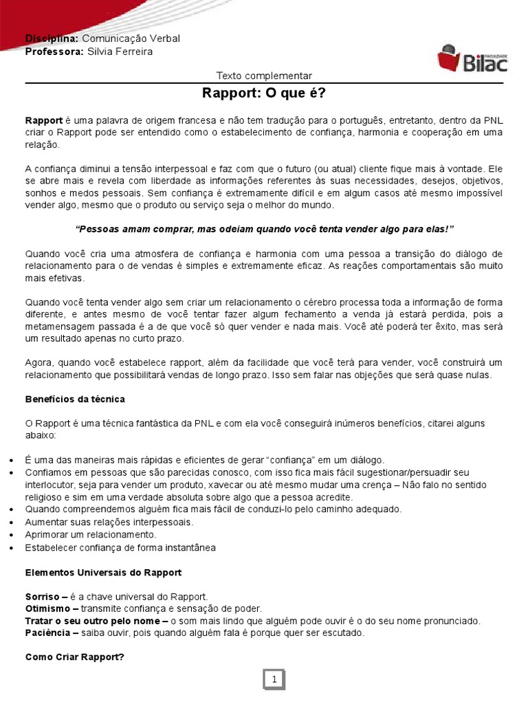 Técnicas de Rapport | PDF | Confiança (emoção) | Programação ...