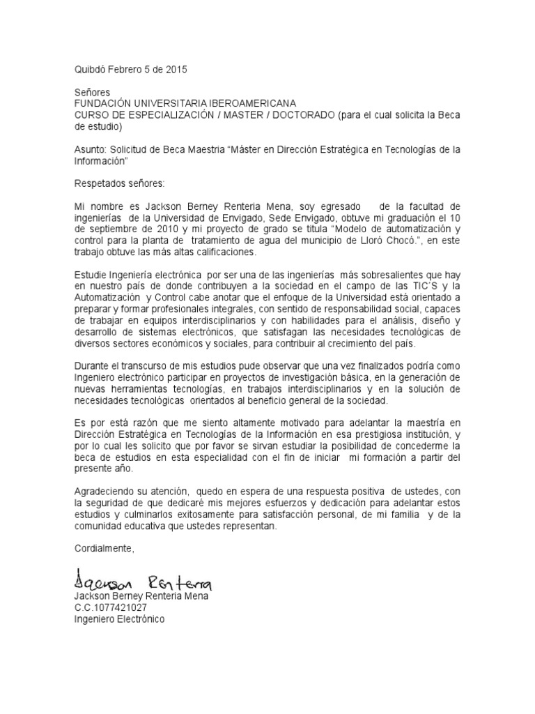 Carta Solicitud Beca Maestria Maestria Ingenieria