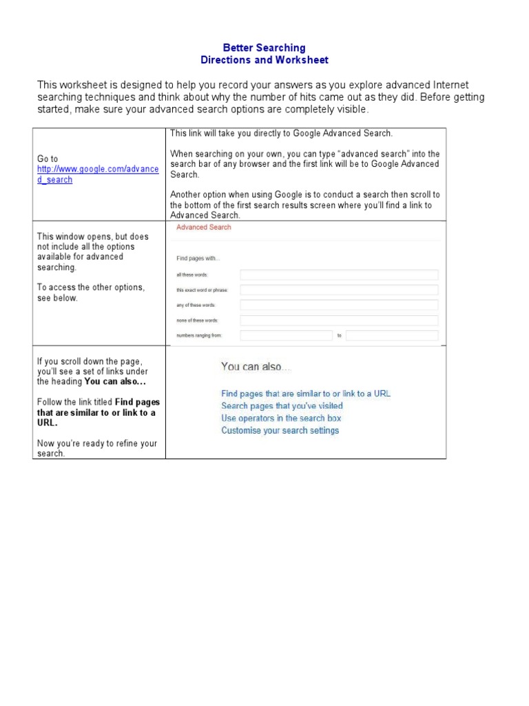 Better Searching Directions and Worksheet: D - Search | PDF | Career ...