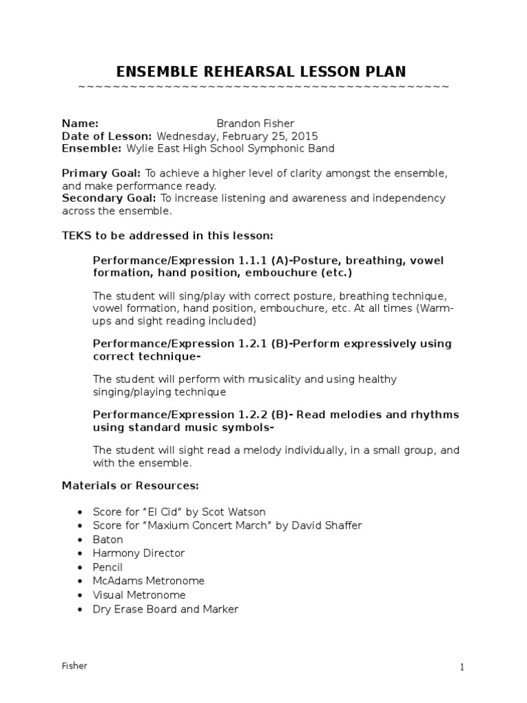 Ensemble Rehearsal Lesson Plan | PDF | Singing | Pitch (Music)