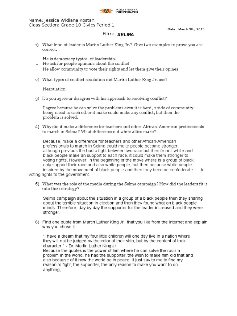 Selma Movie Reflection Questions 1 Word 2 Martin Luther King Jr Nonviolence