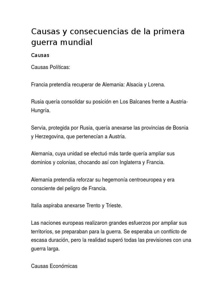 Causas y Consecuencias de la Primera Guerra Mundial | PDF | Alemania ...