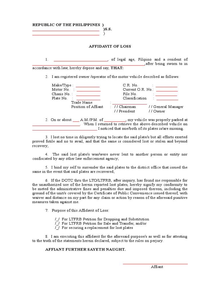 Affidavit of Loss For License Plates | PDF