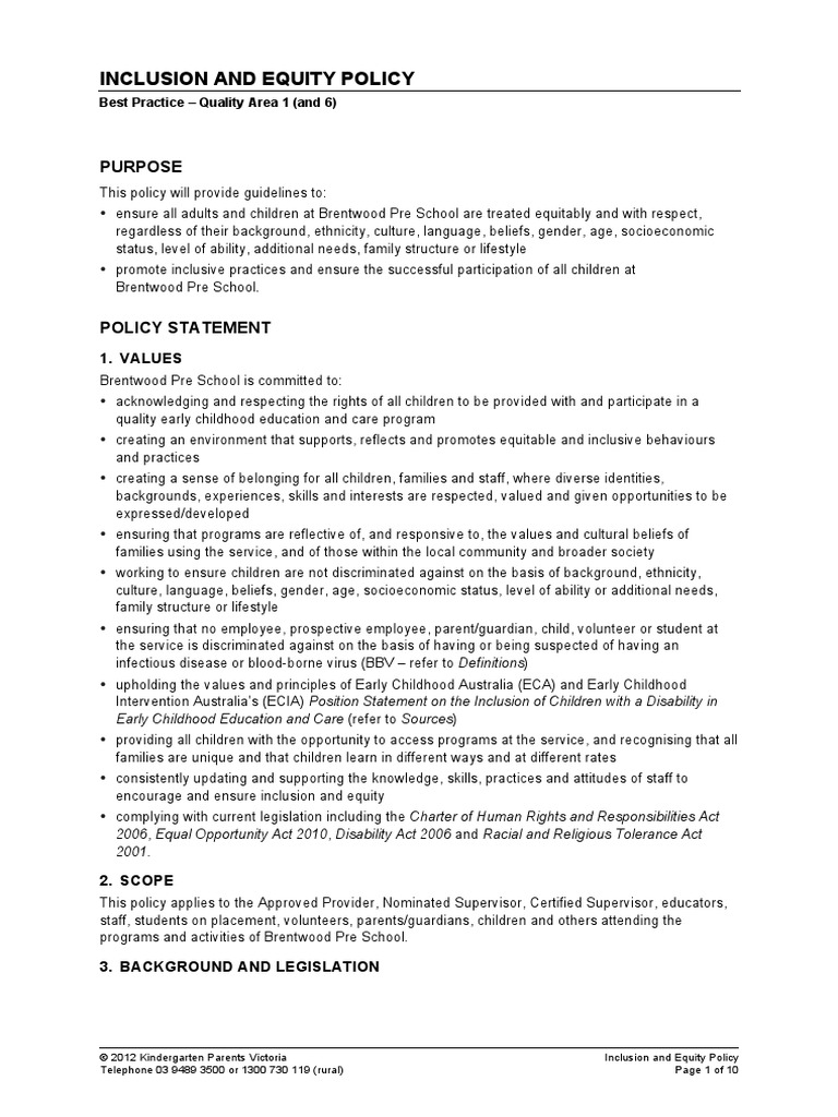Inclusion and Equity Policy | PDF | Inclusion (Education) | Early ...