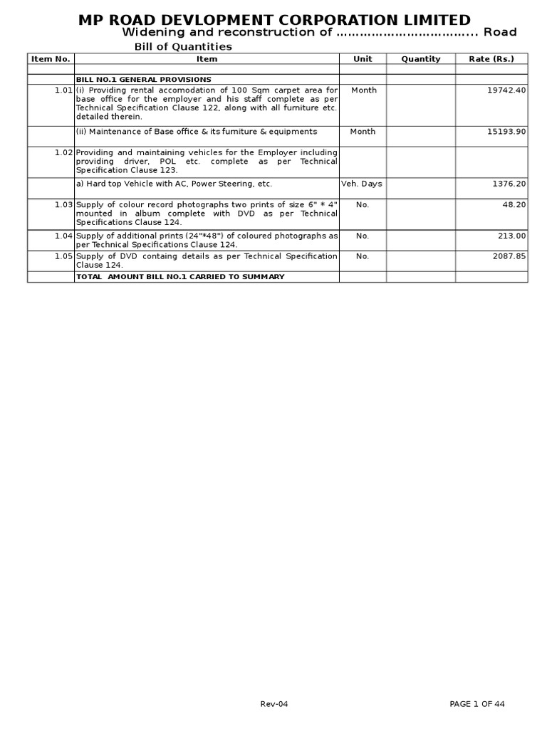 Road Construction Bill of Quantities | PDF | Masonry | Concrete