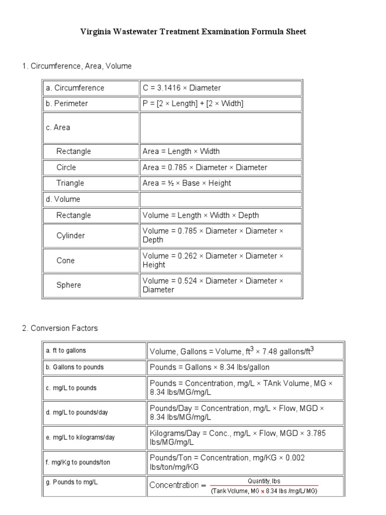 Virginia wastewater formula sheet exam guide | PDF | Physical Sciences ...