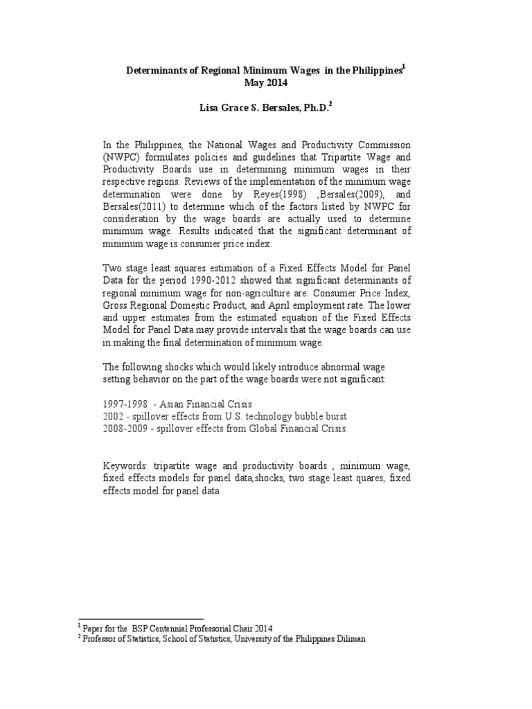 Determinants of Regional Minimum Wages in The Philippines PDF PDF