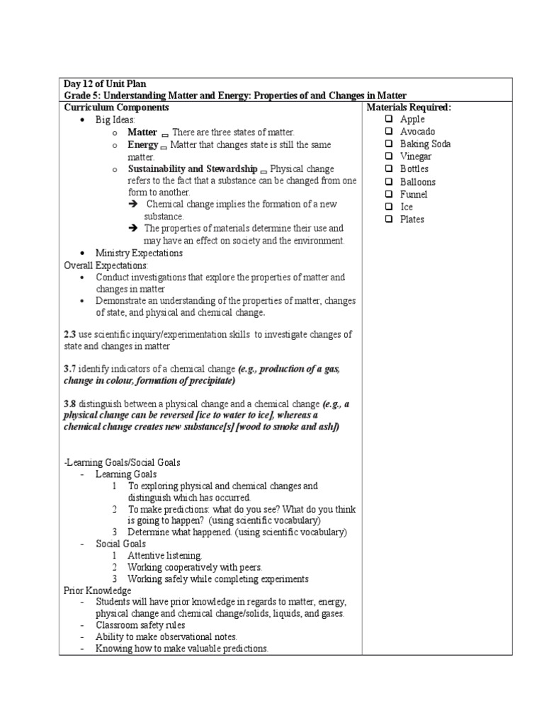 lesson plan matter and energy Matter Educational Assessment