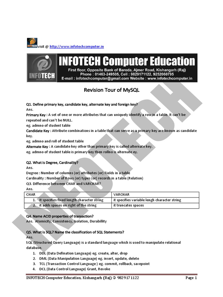 MySQL Revision Notes for Class 12 | PDF | Sql | Database Transaction