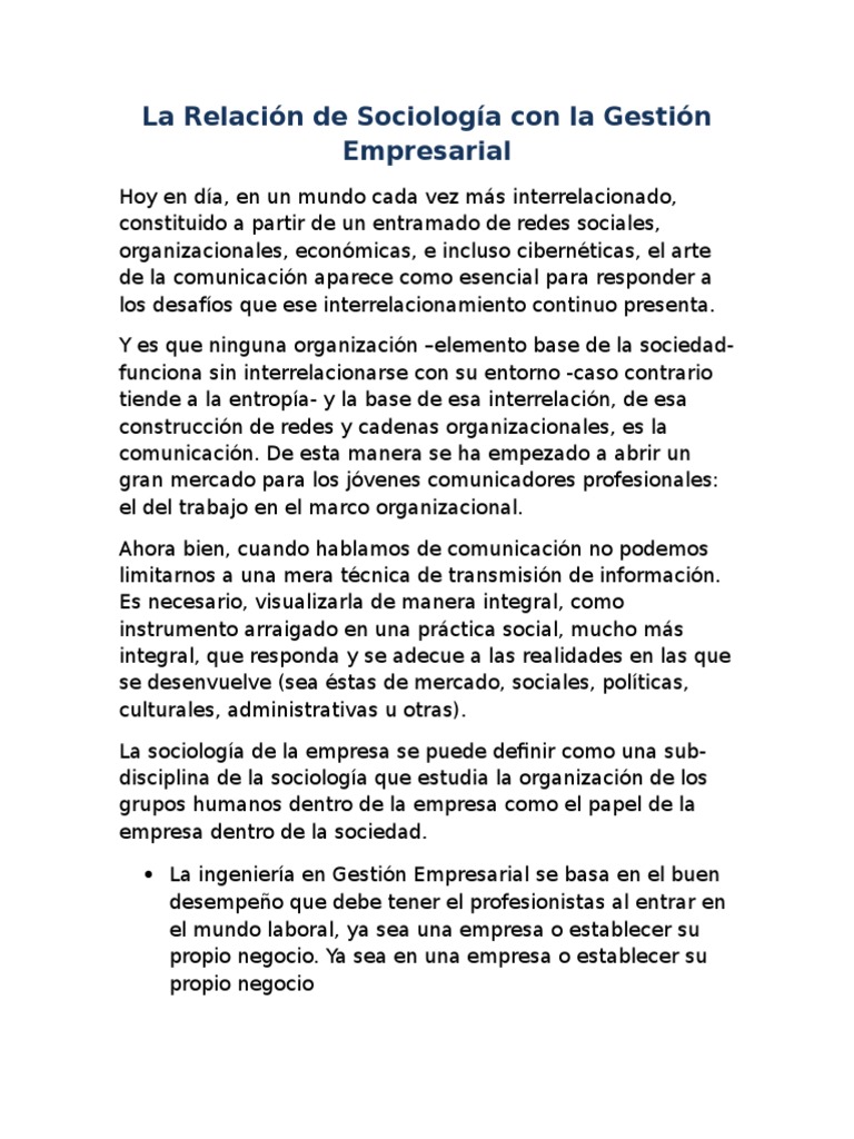 La Relacion De Sociologia Con La Gestion Empresarial Sociedad