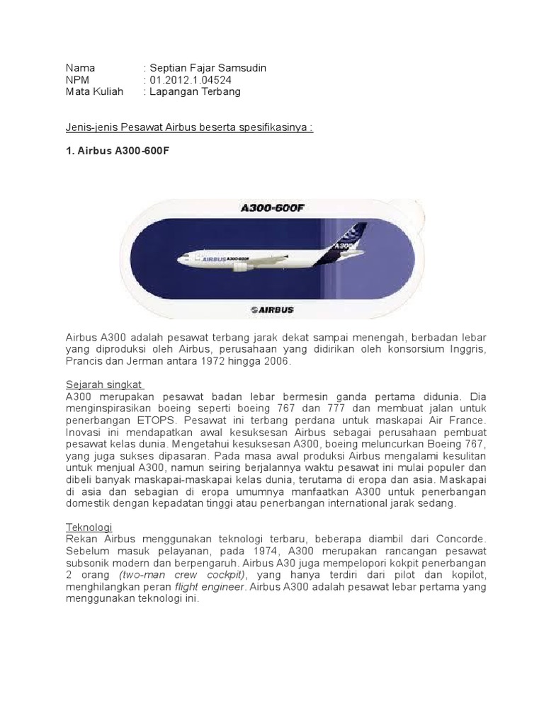 Tugas2 Spesifikasi Pesawat Terbang Airbus | PDF