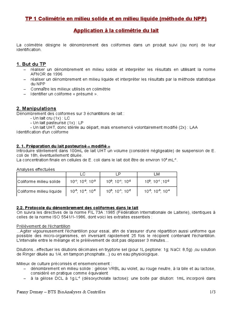 Compte Rendu Tp Analyse Microbiologique Du Lait