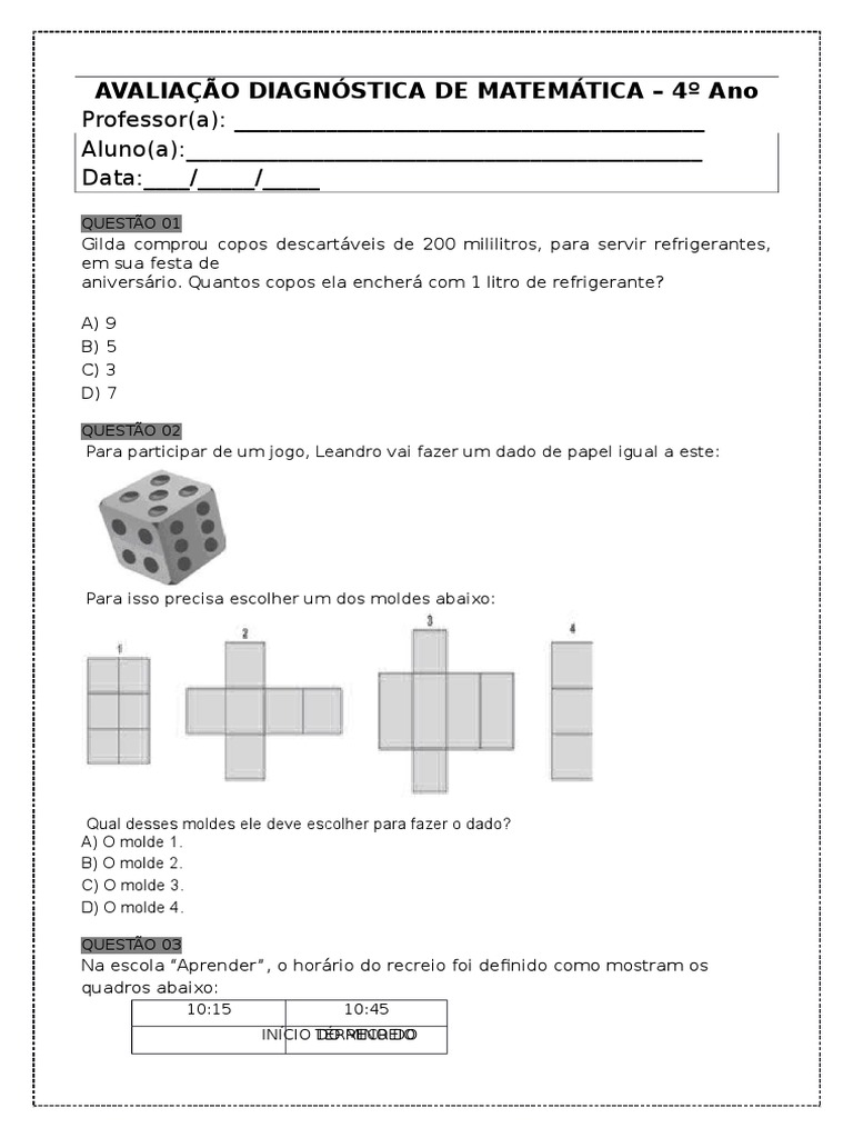 Avaliação Diagnóstica de Matemática 4 Ano | Lazer | Esportes