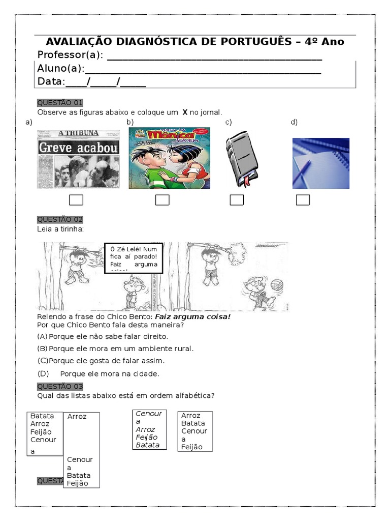 AVALIAÇÃO DIAGNÓSTICA DE PORTUGUÊS 4 ano portugues.docx