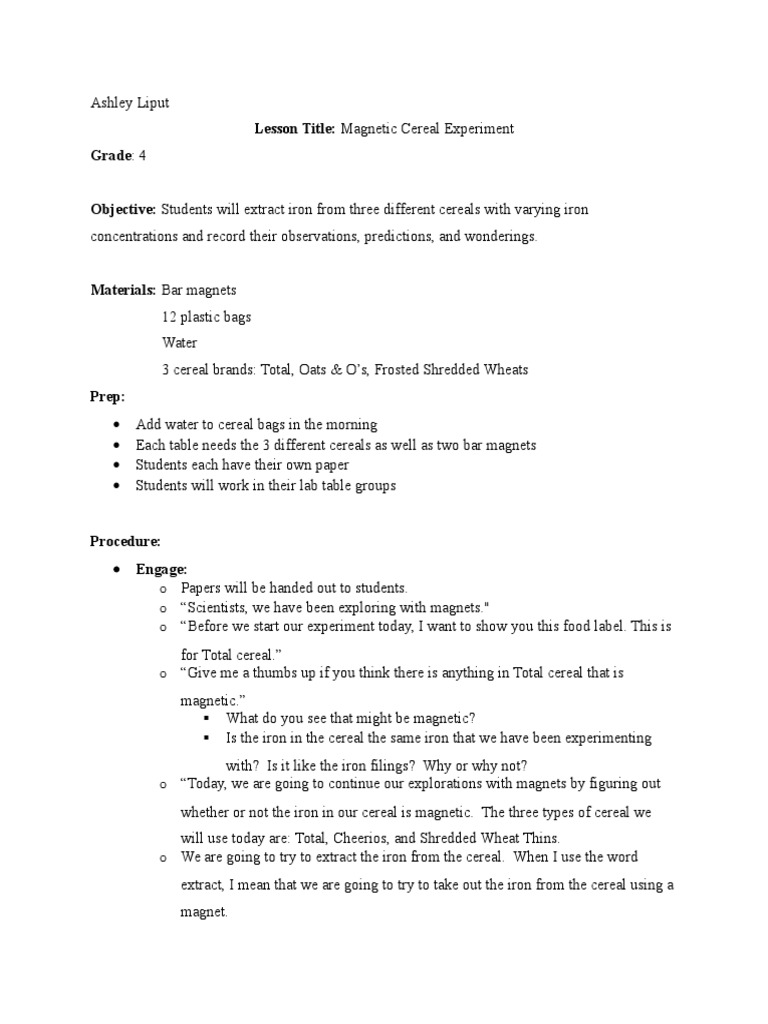 LP Science Cereal Experiment PDF Experiment Cereals