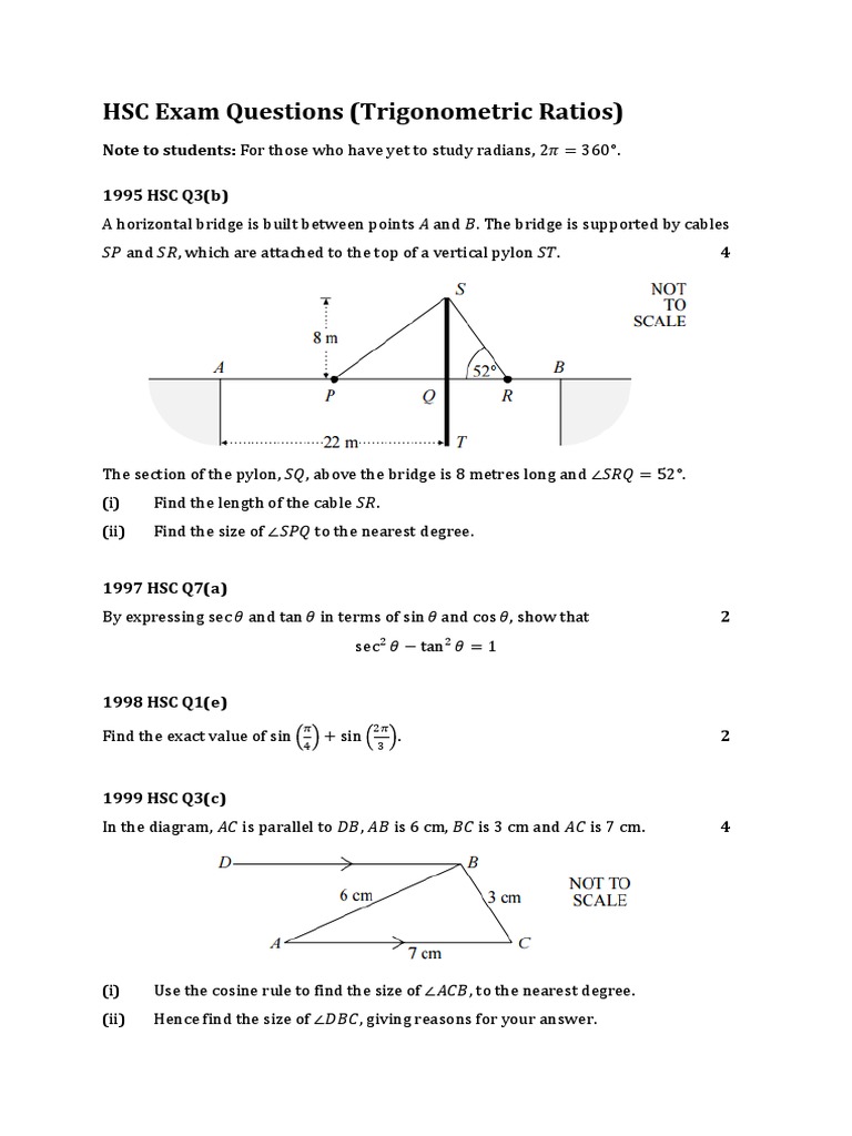 HSC Exam Questions (Trigonometric Ratios) Sine Trigonometric Functions