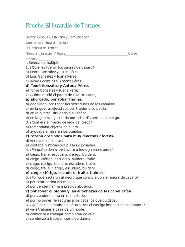 Examen de El Lazarillo de Tormes | PDF | Libros para adolescentes
